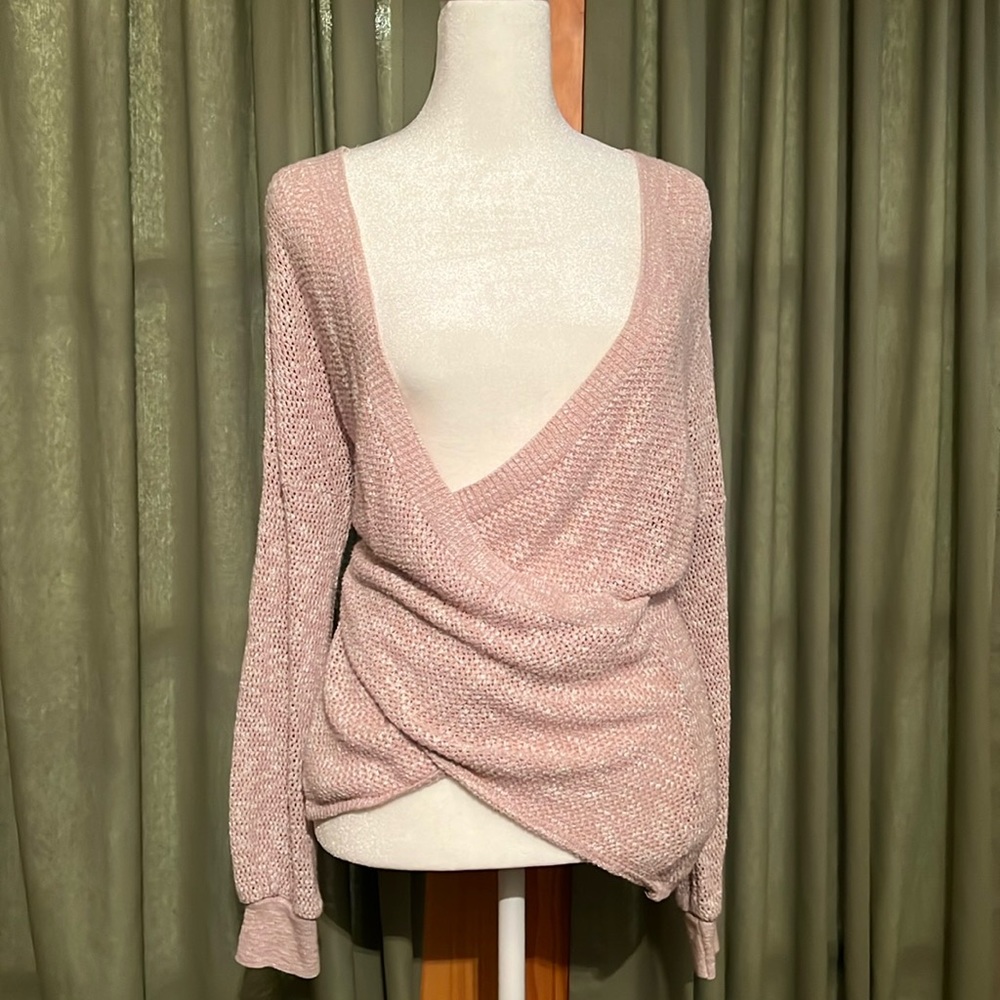 Pink Cable-Knit Crossover Sweater
